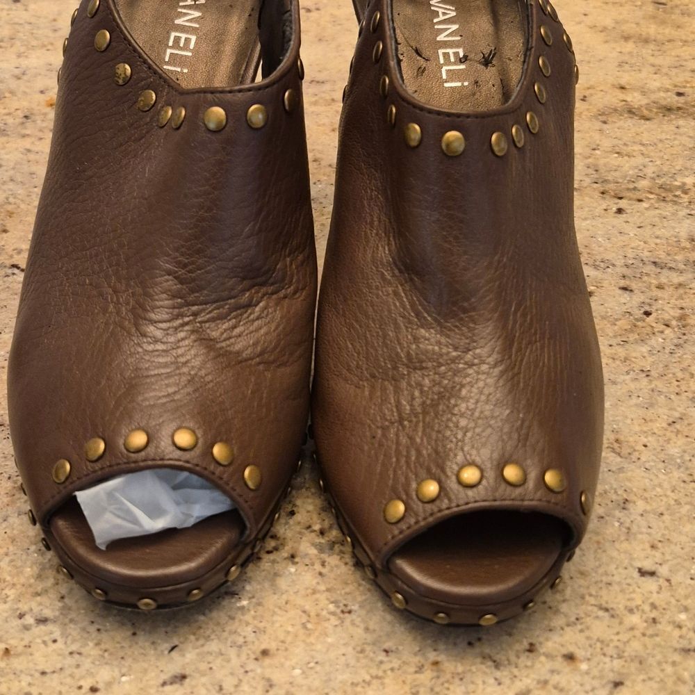 Vaneli Brown Studded Peep-Toe Mules